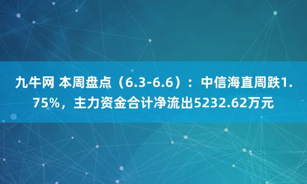九牛网 本周盘点（6.3-6.6）：中信海直周跌1.75%，主力资金合计净流出5232.62万元
